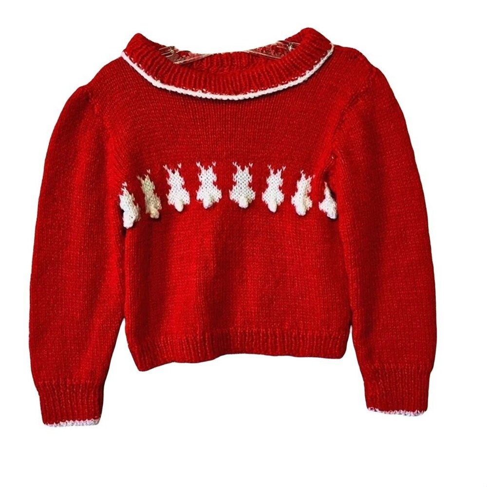 Vintage Kids Hand Knit Novelty Red Bunny Rabbit Sweater 2T